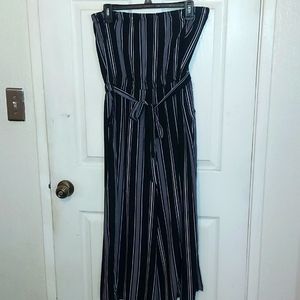 Pin striped, strapless jumpsuit